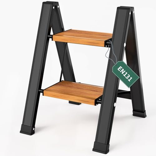 KULACO Trittleiter 2 Stufen Klappbar, Aluminium Klappleiter, Leicht Stehleiter bis 150 KG, rutschfeste Haushaltsleiter mit Breitem Pedal, Multifunktionsleiter für Küche, Bad, Camping