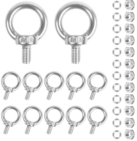 12PCS Lifting Eye Bolt, Eye Screws M6 Stainless Steel Eye Bolts Heavy Duty Ring Shoulder Eyebolt with Full Nuts and Washer for Living and Various Engineering Lifting Equipment Fasteners