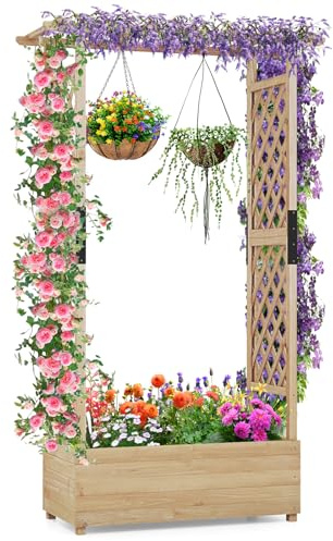 COSTWAY Blomkruk med rankgitter och hänggande tak, kruka med klättringsstöd, förhöjd bädd för klätterväxter och hängande korgar, för innergård, trädgård, terrass, träkruka, natur (110 x 44 x 182 cm)