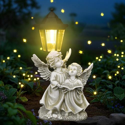 Tuzsocr Solar Engel Gartenstatuen - Schutzengel Figuren mit Solarlampen, Wetterfest Grabschmuck für Friedhof, Engel Skulptur Grablicht Deko Außen, Rasen, Hof, Terrasse, Fensterbank, 33cm (Stil 1)