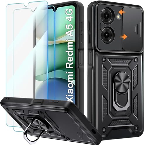 Yohii Funda para Xiaomi Redmi A5 4G con 2 Piezas Cristal Templado, 360 Anillo Soporte, Cubierta De Cámara Deslizante, PC y Silicona TPU Bumper Antigolpes Case, Negro