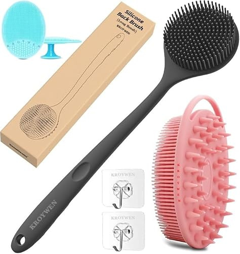 KROYWEN Ultra Soft Primum 2-in-1 Body Shower Bath & Shampoo Brush Massager for Hair,+ Silicone Soft Back Long Handle Shower Bath Brush+ Face Scrubber Brush, Exfoliating silicone Bath scrubber, Premium