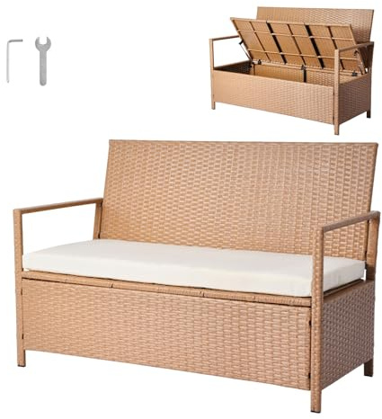 VEVOR Panca Portaoggetti da Esterno, Panca Portaoggetti in Rattan PE per 2 Persone, Contenitore con Cuscino Maniglia Laterale, Supporto max 120 kg, Seduta da Giardino Decorazione Esterna per Balcone