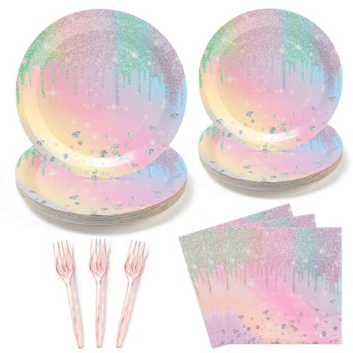 UVTQSSP 96PCS Iridescent Glitter Party Paper Plates and Napkins Party Supplies, Disposable Tableware Set for Birthday Wedding Anniversaries Decorations, Serve for 24 Guests, Glitter Diamond