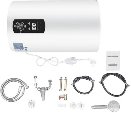 Chauffe-eau électrique 2000W 30L Chauffe-eau Instantané Température 25-75°C Avec Douche et Robinet 34 * 59cm Adapté à La Salle de Bain et Au Camping-car