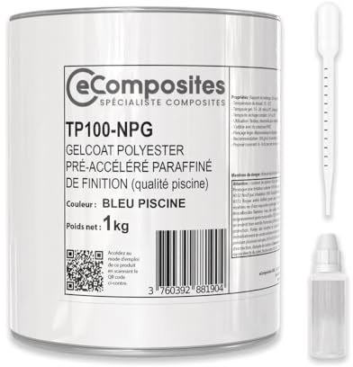 Gelcoat Polyester Piscine | 1 kg | Bleu Piscine | + Catalyseur PMEC + Pipette de dosage 3 ml, Gel Coat pour Rénovation et Finition Bassin Polyester