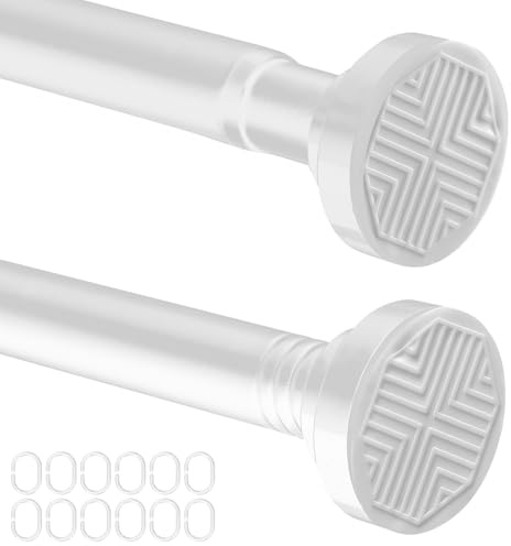 Wusboo Barra Cortina Extensible sin Taladrar (72–190 cm), 1 Barra de Ducha Telescópica a Presión + 12 Ganchos en C, Antideslizante, sin Agujeros, para Baño, Ventana, Armario o Balcón（Blanco）