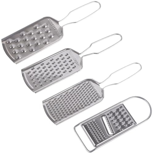 4 ralladores de verduras multifuncionales de acero inoxidable, 1 agujero grande + 1 agujero pequeño + 1 agujero mediano + 1 rallador multifuncional.