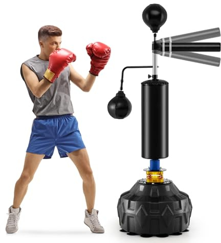 GYMAX Box Speed Trainer, Saco de Boxeo de Pie Regulable en Altura con 2 Pelotas de Reflejos y Barra Giratoria de 360°, para Muay Thai, MMA