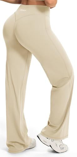 JOYSPELS Straight Leggings Damen Yogahose Schlaghose Flared Hohe Taille Sport Gym Blickdicht Freizeithose Regular Vollkornreis M