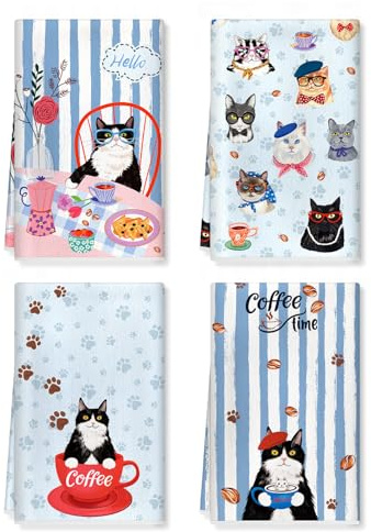 Arquiel Katze Geschirrtücher Baumwollanteil 4er-Set 42 x 70 cm | Geschirrtücher aus Baumwollanteil, Motiv: Katze; saugfähig und pflegeleicht zum Abtrocknen in der Küche.