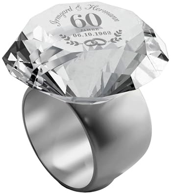 Casa Vivente Ringhalter Silber mit Kristallglas Diamant zur Diamantene Hochzeit, 60 Jahre, Personalisiert mit Namen & Datum, Geschenk zum 60. Hochzeitstag, inkl. Geschenkbox