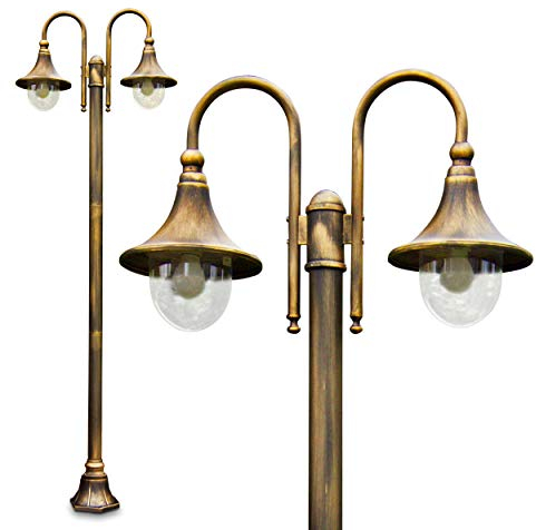 Lampada da esterno Elgin, candelabro in stile antico, in metallo marrone/oro con paralumi in plastica, lampada da sentiero a 2 bracci da 225 cm, lampada da giardino retrò, E27, IP44, senza lampadina/e