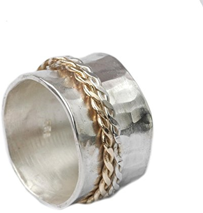 Bicolor Drehring mit beweglichen gezwirbelten Ringschienen aus 925er Silber und 375er Gold Größen 55 (17.5)