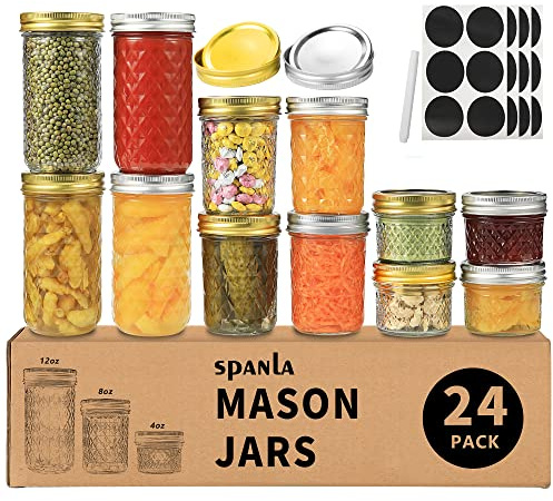 SPANLA Mason Jars, 24 Pack Canning Jars With Regular Lids, Ideal for Jam, Jelly, Honey, Wedding Favors, Shower Favors, DIY Glass Spice Jars - 4 OZ x 8, 8 OZ x 8, 12 OZ x 8 (4oz -8oz-12oz)
