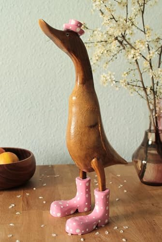 dekoundmeer Ente mit gepunkteten Stiefeln und Hut in Rosa Holz 42 cm
