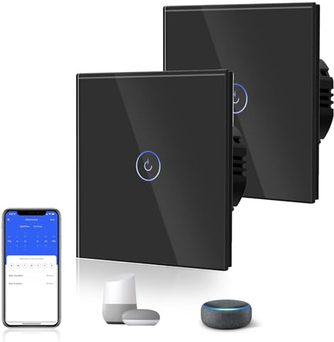 BSEED Interruptor Inteligente WIFI,Interruptores Tactil Con Cristal,Compatible con Alexa,Tuya y Smart Life,Requiere Cable Neutro,1 Gang 2 Vía - 2 Paquetes,86mm Negro