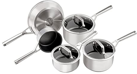 Ninja ZEROSTICK 5-Piece Pan Set, Long Lasting Non Stick,16cm, 18cm & 20cm Saucepans with oven-safe glass lids, 16cm Milk Pan, 24cm Frying Pan, Stainless Steel Cookware C6500UK