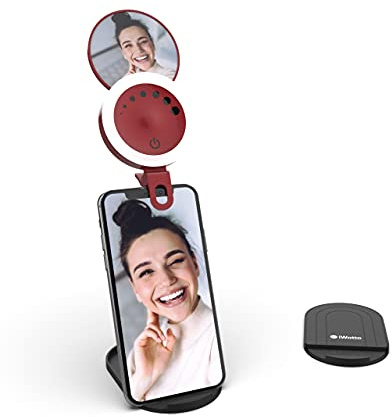 iWotto LED Mobile Ring Light with Stand and Mirror - 3 Modes and 7 Light Intensities - Ring Light for Selfie, TikTok - Ring Light USB Rechargeable - 24 LEDs Universal for Smartphone, Tablet - Red