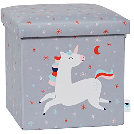 Love IT Store IT Sitzhocker mit Stauraum - Kiste mit Deckel aus Stoff - Verstärkt mit Holz - Belastbar bis 150 kg - Grau mit Einhorn - 35x35x35 cm