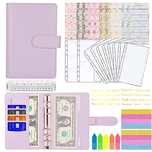A6 Binder Budget, MARICATO 29-Stück Budget Planner, 6 Löcher Loseblatt Notizbuch Geld Organizer mit Budgetblättern/Binder kartentaschen/Aufklebern/Bunte Indexetiketten/Lineal, für Arbeit-Violett