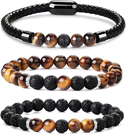 KALVICA 3 Stück Tigerauge Armband Lederarmband Perlenarmband Herren Damen | 8 mm Armband Set mit Perlen aus Natürlichem Vulkanstein, Dehnbar & Verstellbar mit Magnetverschluss Geschenk Damen Herren