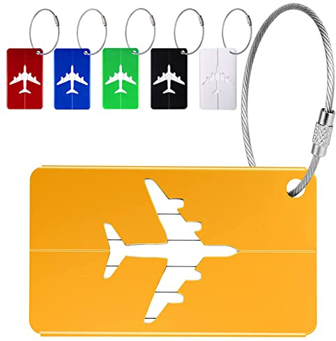 Lot de 6 Etiquettes à Bagage avec carte d'identité, Étiquettes de Voyage Avion en Aluminium 7,5x4,5cm avec Cordes en Acier Inoxydable pour Sac de Voyage, Valise, Sacs à Dos
