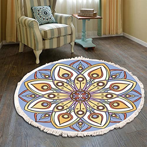 Mandala Runde Teppich Quasten Handwebteppich Böhmische Baumwollteppich Boho-Stil ​für Schlafzimmer Wohnzimmer Küche,D,∅ 90cm