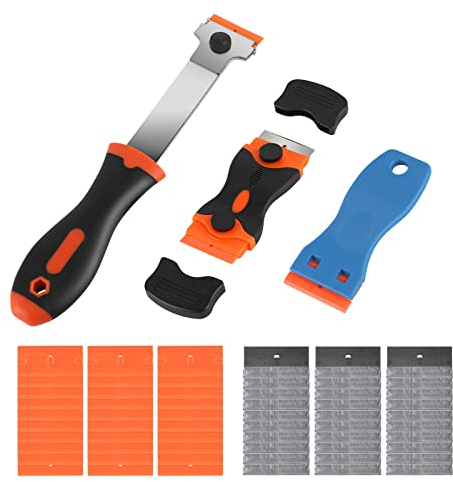 CPROSP Ceranfeldschaber Set mit 1x Kunststoff Schaber, 2x Ceranfeldschaber, 60x Edelstahl & Kunststoffklingen, Glasschaber Doppelseitig, Zeranfeldkratzer für Kebereste