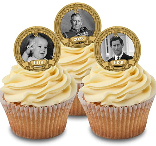 *3 for 2 offer* Cakeshop 24 x 4cm King Charles III 3rd Coronation Gold - 'Over the Years' Historic Photo Edible Cupcake Toppers Cake Decorations - Premium Wafer Precut