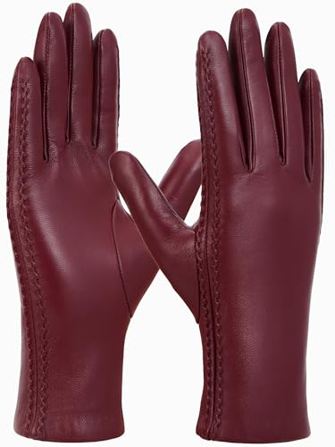 GSG SINCE 1998 Echte Lederhandschuhe Damen Touchscreen Winterhandschuhe Woll Gefütterter Warme Lammfell Autofahrerhandschuhe Burgund XL