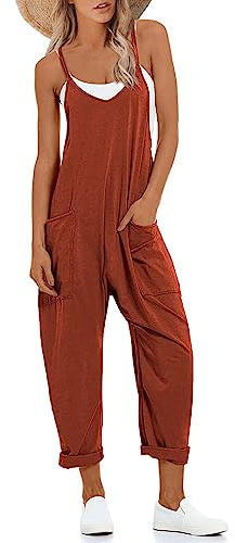 Lentta Women's Causal Jumpsuits V Neck Sleeveless Harem Overalls Stretchy Adjustable Strap Romper with Pockets(Rust-M)