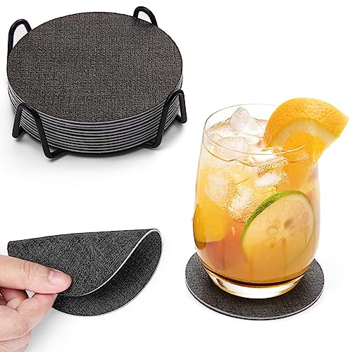 Chitomars Untersetzer Gläser 12er Set, doppelseitige Leder Glasuntersetzer | Rutschfest abwaschbare Getränkeuntersetzer Kunstleder Glas Untersetzer-Set mit Halter (Grau, Rund)