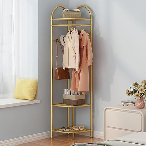 FLRH Metall-Eckgarderobe, goldene Kleiderständer, Flurbaum, freistehender Kleiderständer mit Haken und Aufbewahrungsregal für Flur, Eingang, Schlafzimmer, Wohnzimmer, Büro (Gold)