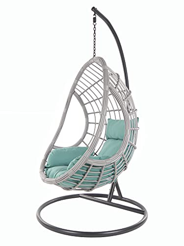 KIDEO Komplettset: großer Hängesessel mit Gestell & Kissen, Indoor & Outdoor, Poly-Rattan, grau (Kissen: türkis Nest (5060 Ocean))