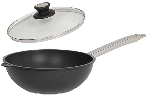 SKK großer 2-tlg. Wok Ø 28 cm - Induktion - Aluguss Antihaft Stielwok glatter Boden & Edelstahlgriff & Deckel mit Edelstahlrand - Made in Germany
