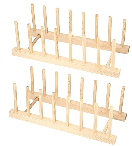 2 PCS Wooden Dish Drainer, Kitchen Wood Dish Plates Storage Tray Holder Rack, Dish Drying Drainer Rack, Wooden Storage Organizer for Plate, Cup, Pot Lid, Board, Tableware, Books, Wine Glass
