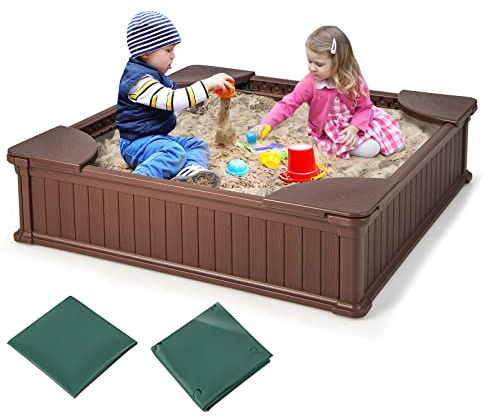 COSTWAY Sandkasten, Kinder Sandbox 123,5x123,5x31,5cm mit 4 integrierten Sitzen, Sandkiste HDPE quadratisch für Garten, Rasen (Braun)