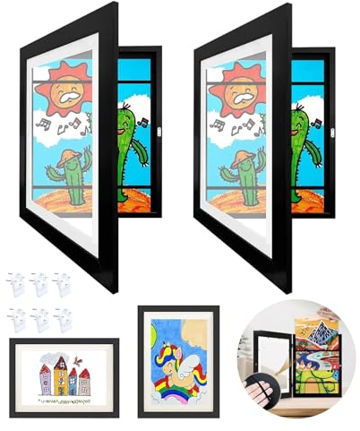 2 Stück Kunstfotorahmen für Kinder,A4 Scharnierter Bilderrahmen Holz,Frontöffnung für Kunstwerke,Befüllbar Fotorahmen zum öffnen,Ideal für Kunstprojekte,Kinderzeichnungen,Zuhause oder Büro,Schwarz