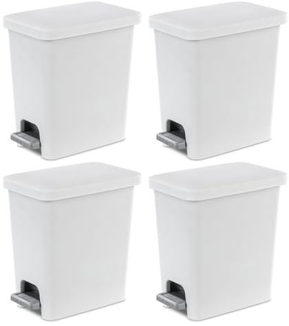 Sterilite 2.7 Gallon Rectangular Step On Kitchen Trash Bin Plastic Indoor Wastebasket with Removable Liner and Bag Holding Feature, White (4 Pack)