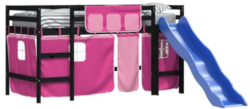 vidaXL Kinderhochbett, Hochbett mit Leiter Vorhängen, Spielbett Bett für Kinder ab 6 Jahren, Kinderbett Etagenbett Stockbett, Rosa 80x200cm Massivholz Kiefer