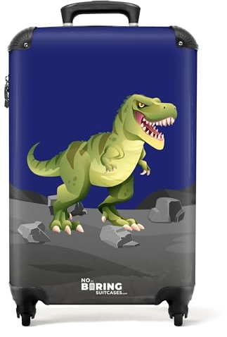 NoBoringSuitcases.com Kinderkoffer, Kinderkoffer Jungen, Koffer Kinder, Kinder Reisekoffer, Koffer Kinder Jungen, Kindertrolley Jungen, Handgepäck Koffer, Handgepäck 55x40x20 cm (T-Rex - Dunkelblau)