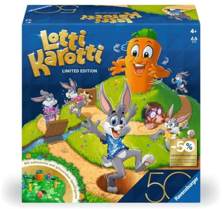 Ravensburger 23005 - Lotti Karotti - Limitierte Jubiläums-Edition 50 Jahre Blaues Dreieck, Wettlaufspiel für 2 bis 4 Spieler, Kinderspiele ab 4 Jahren