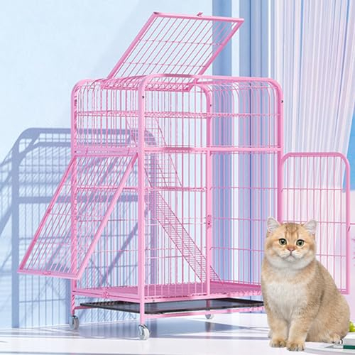 RUYICZB Katzenkäfig, Katzenkäfig Für Den Innenbereich, Mit Türschlössern Und Boden, Dreitüriges Design, Frettchenkäfig, Kaninchenkäfig, Kleintierkäfige Mit Rädern Und Leiter,Rosa,3 Tier