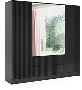 ALTDECOR Kleiderschrank mit Spiegel und selbstschließenden, Flügeltüren - NOA - 200 cm Schwarz