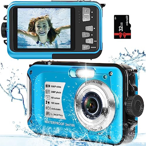 Fotocamera subacquea con scheda da 32 GB, impermeabile, 3 m, 30 MP, FHD 1080P, zoom digitale 16x, fotocamera digitale subacquea per bambini, per snorkeling, blu