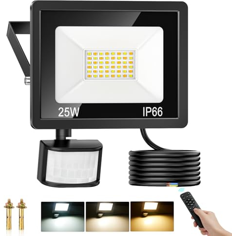 COTLEDL Security Lights Outdoor Motion Sensor 25W, 3CCT 2700LM PIR Lights | 3000K/4000K/6500K Dimmable, IP66 Waterproof LED Floodlights Outside Light with Remote Control for Garden Backyard Garage