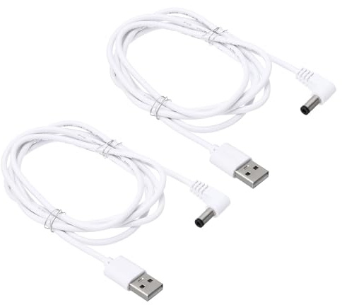 PATIKIL 5Ft USB to DC 5.5x2.5mm Barrel Jack Power Cable, 2 Pcs Wire Adapter Connector Charging Cord for Light Fans Speaker Table Lamp, White