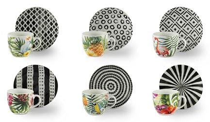 Excelsa Tropical Chic Set 6 Tazzine Caffè Espresso, Porcellana, Capacità 70 ml, Multidecoro