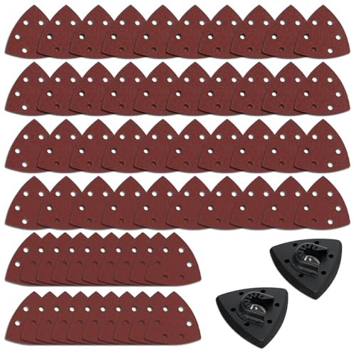 62Pcs Multi Function Triangular Sanding Pad Kit, Mouse Sander Detail Sandpaper, 60 80 120 180 240 320 Grit Hook Loop Multitool Sandpaper with 2 Multitool Schleifplatte for Grinding and Polishing